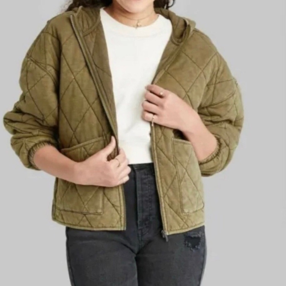 Wild Fable Women’s Hooded Quilted Jacket Olive Green Size XS